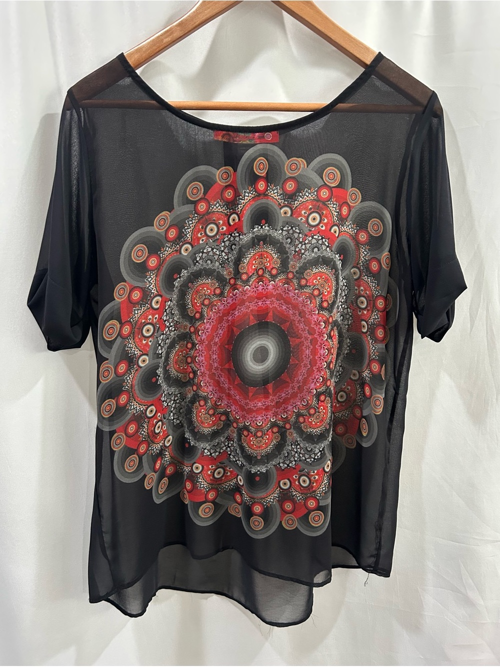 Desigual Black Sheer Top with Red and Gray Mandala LN